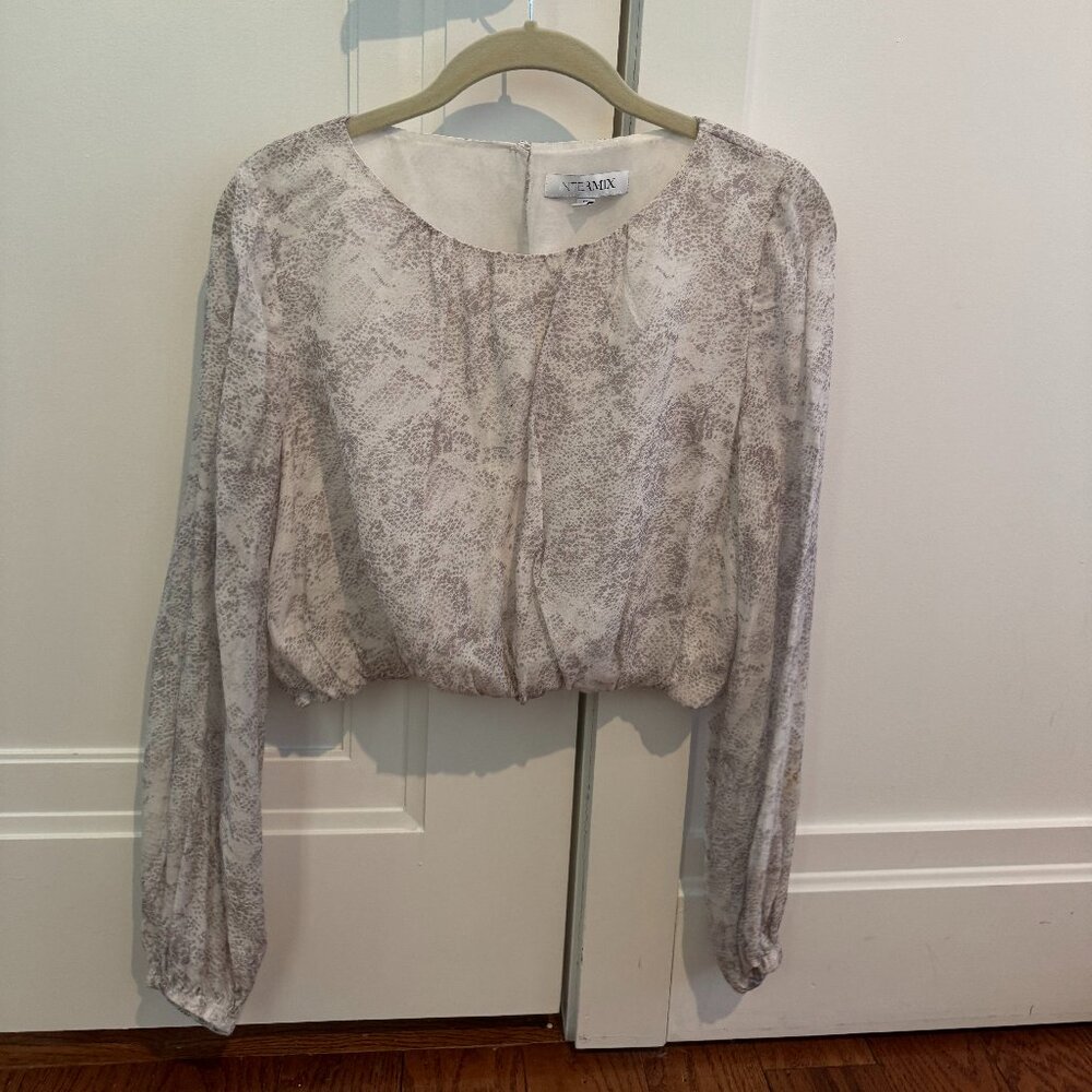 Intermix Paola Blouse - White and Grey Long Sleeve Silk Blouse, Size P.